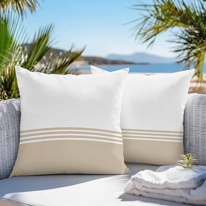 Throw Pillow Covers 16x16 Inch Set of 2, Beige White Striped Waterproof Outdoor Cushion Covers, Modern Abstract Art Aesthetics Decorative Pillowcases for Couch, Sofa, Bed, Garden, Patio
