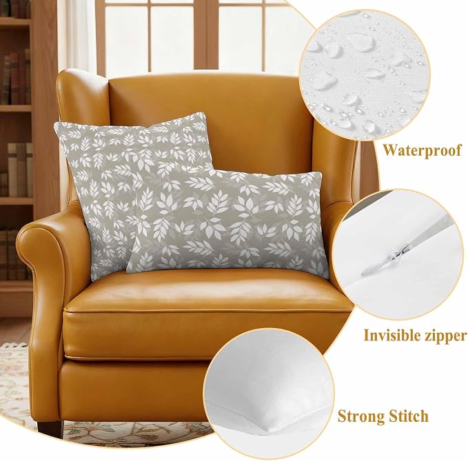 Brown Leaves Waterproof Outdoor Pillow Covers Set of 2 Home Decor, Country Pastoral Nature Plants Aesthetic Pillowcase Patio Pillow Covers for Couch Bench Furniture Garden 24x24in
