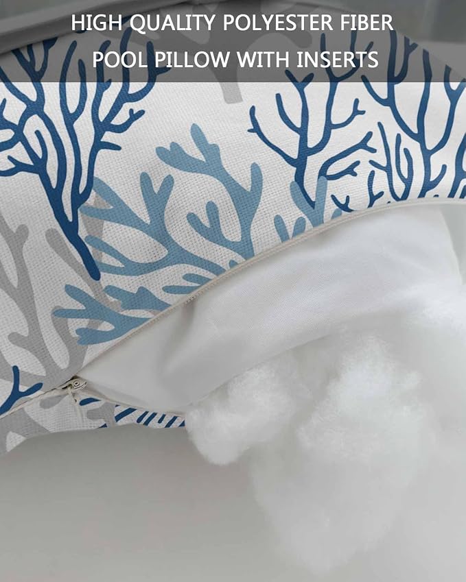 Ocean Coral Outdoor Beach Chair Pillow Headrest for Chaise Lounge Chair,Recliner Head Pillow Waterproof Pillowcases with Elastic Band & Pillow Inserts 11x16(2 PCS) Coastal Summer Watercolor Blue White