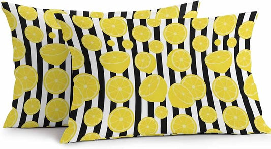 Vandarllin Outdoor Throw Pillows Covers 20x12 inch Set of 2 Waterproof Yellow Lemon Decorative Zippered Cushion Covers for Patio Furniture, Summer Fruit Black Stripes Lumbar Pillowcases