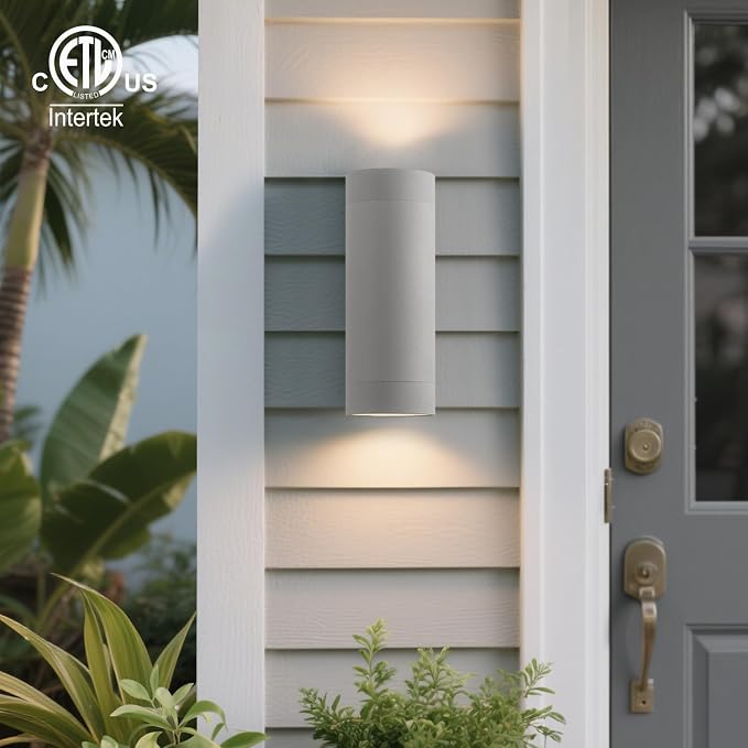 mirrea 12" Modern Outdoor Porch Light in 2 Lights, 2 Pack, Metallic Gray | Aluminum cylinder exterior fixtures, tempered glass cover, waterproof wall sconce & patio light for outdoor use.