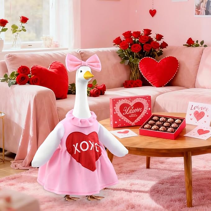 Valentine's Day Goose Outfit for 23" Porch Goose Holiday Pink Red Heart Cloths Costume Valentines Party Outdoor Garden Patio Yard Lawn Art Decoration