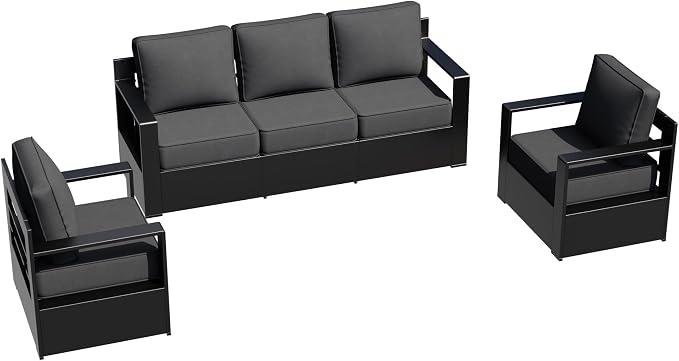 Outdoor Aluminum Furniture Set, 3-Piece Patio Conversation Set, 2 Chairs and 1 Sofa, All-Weather Metal Frame, 6" Thick Removable Cushions, Deep Setting for Garden, Poolside and Porch