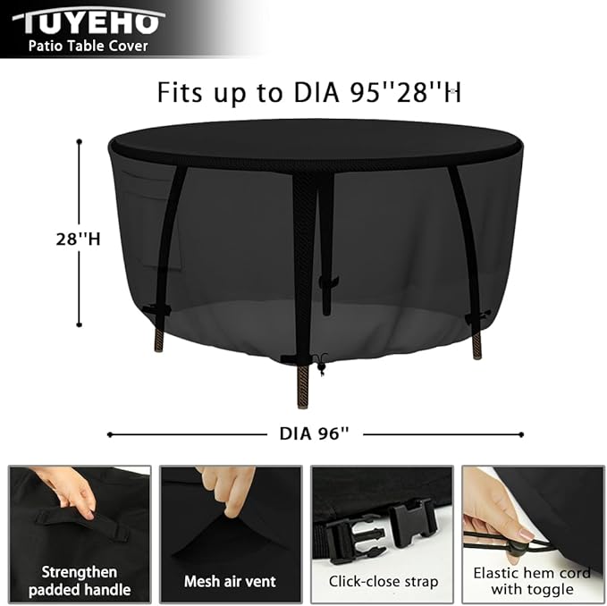 Tuyeho Round Patio Furniture Cover, Durable Oxford Fabric, Waterproof, UV & Rip Resistant Patio Table and Chairs Set Cover, 96"DIA x 28"H Black