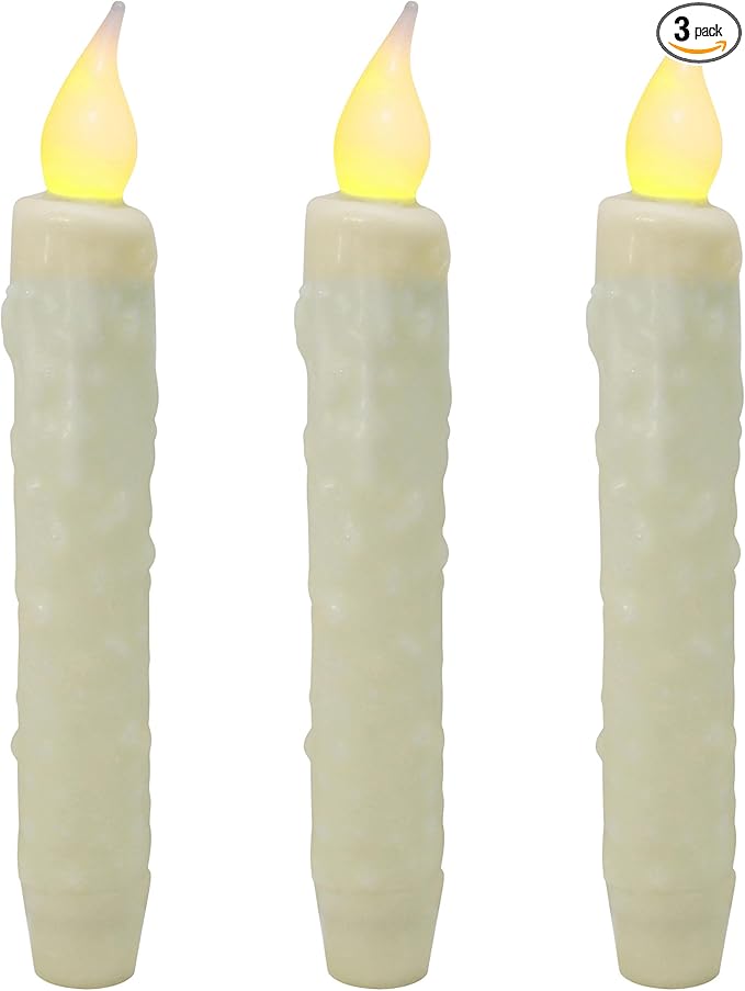 CVHOMEDECO. Real Wax Hand Dipped Battery Operated LED Timer Taper Candles Country Primitive Flameless Lights Décor, 6-3/4 Inch, Ivory, 3 PCS in a Package