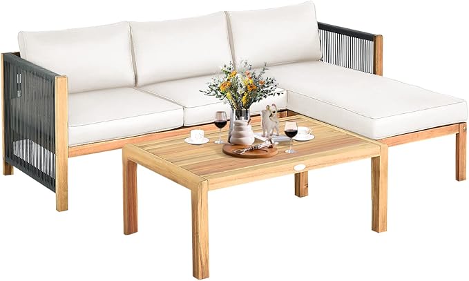 Tangkula L Shape Outdoor Furniture Set, 3 Piece Acacia Wood Patio Conversation Set, with 2 loveseats and Coffee Table, Garden Backyard Poolside Patio Seating Set (White)