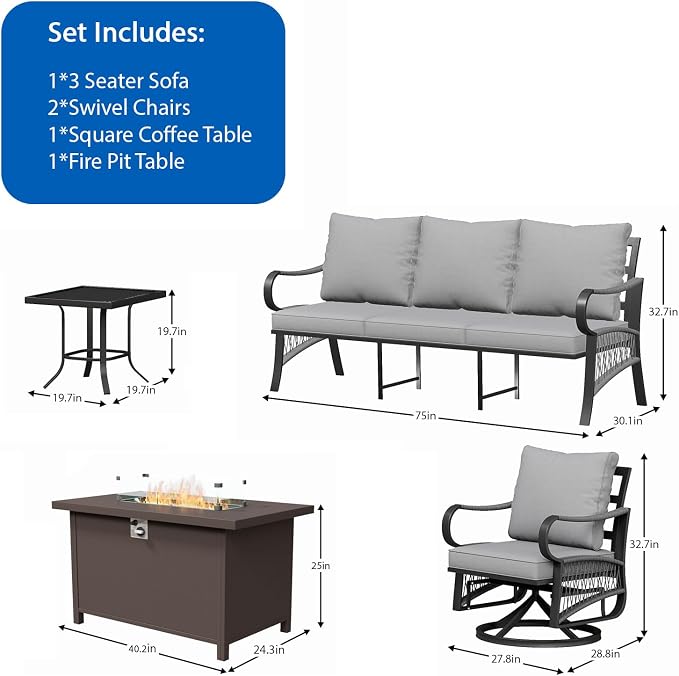 5 Piece Patio Furniture Set with 50000 BTU Propane Fire Pit Table, All Weather Outdoor Conversation Set with 2 Swivel Chairs, Sofa and Thick Cushions for Garden, Porch, Lawn, Grey