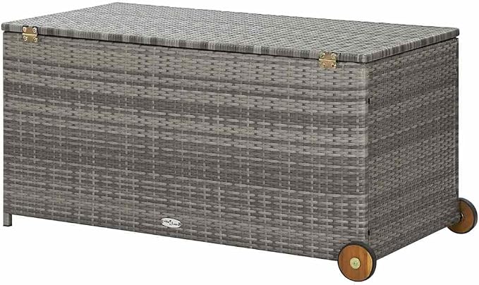 Poly Rattan Garden Storage Box with Wheels, 47.2x25.6x24 Inch Waterproof Deck Box for Patio, Cushion Storage with Inner Bag and Wooden Handle