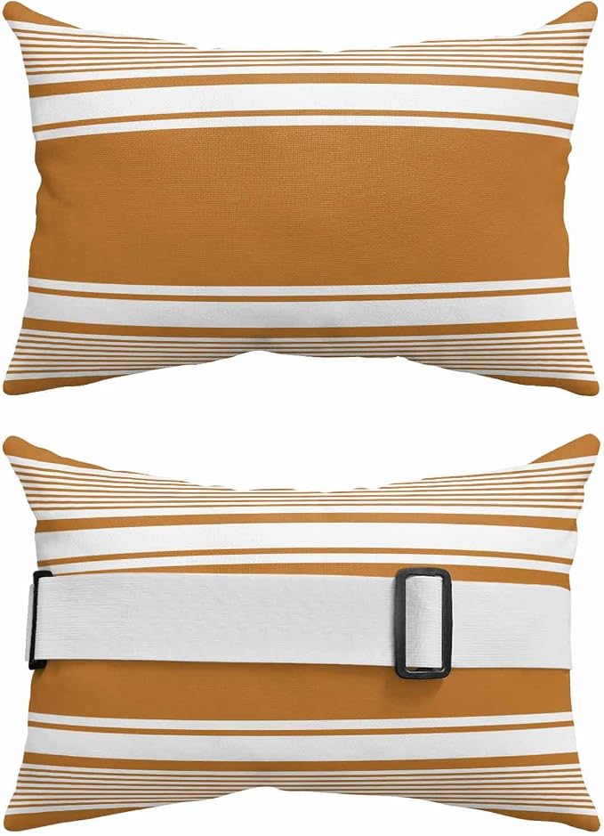 Outdoor Lumbar Pillow 12x20 Inch, Farmhouse Burnt Orange Striped Waterproof Throw Pillow Covers with Insert, Modern Minimalist Stripes Decorative Headrest Pillows for Office Car Travel