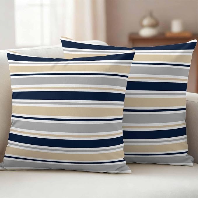 Outdoor Pillow Covers 18 x 18 Inches, Beige Navy Blue Striped Waterproof Throw Pillow Cover Set of 2, Farmhouse Stripes Modern Abstract Art Decorative Square Cushion Covers for Patio/Couch/Garden