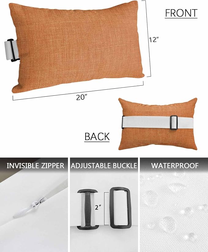 Outdoor Pillow for Chaise Lounge Chair Orange Rustic Vintage Burlap Texture Outdoor Pillows Waterproof with Adjustable Strap Headrest Lumbar Pillows for Garden Patio Furniture 2 Pack 12" x 20"