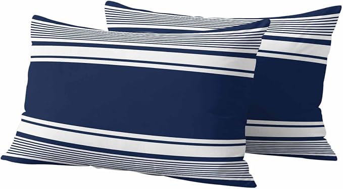 Outdoor Waterproof Throw Pillow Covers, Navy Blue Striped Decorative Pillow Cases, Modern Color Block Farmhouse Stripes Couch Pillow Protector Patio Sofa Cushion Covers Replacement 20"x12" 2 Pack