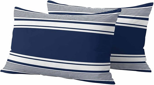 Outdoor Waterproof Throw Pillow Covers, Navy Blue Striped Decorative Pillow Cases, Modern Color Block Farmhouse Stripes Couch Pillow Protector Patio Sofa Cushion Covers Replacement 20"x12" 2 Pack