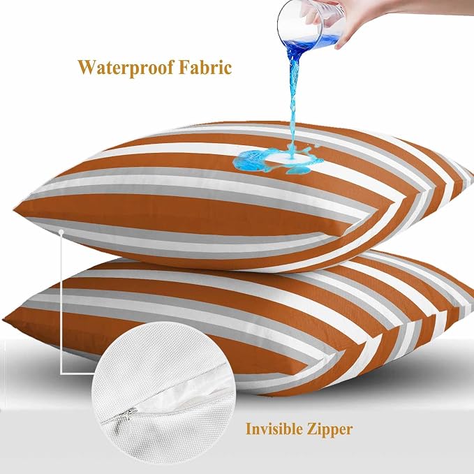 Throw Pillow Covers 20x20 Inch Set of 2, Burnt Orange Grey Stripe Waterproof Outdoor Pillow Covers, Minimalist Farmhouse Striped Decorative Cushion Pillowcases for Couch, Sofa, Bed, Garden, Patio