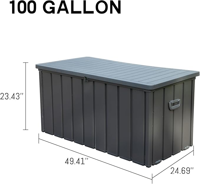 NEWQIDA 100 Gallon Outdoor Deck Box Lockable Metal Storage Container with Resin Lid, Waterproof Storage Box with Rolling Castors for Patio Garden Tools, Pools Equipment, Cushions, Dark Gray