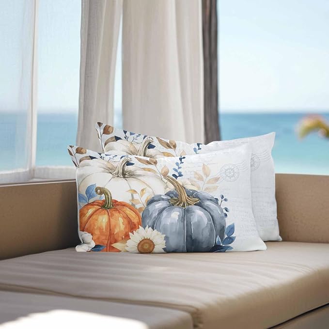 Fall Outdoor Throw Pillows Covers 20x12 inch Set of 2 Waterproof Blue White Pumpkin Zippered Cushion Covers for Patio Furniture, Autumn Eucalyptus Leaf Floral Thanksgiving Lumbar Pillowcases