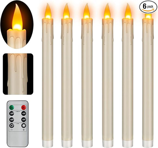 wemarry Flameless Taper Candles Realistic Flickering Flame, Battery Operated, Remote Control with Timer, Safe for Kids & Pets, Ivory, 10-Inch, Pack of 6 Ideal for Home, Weddings & Parties