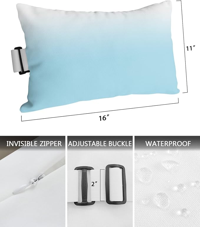 Outdoor Pillows Covers with Inserts Dreamy Blue and White Gradient Waterproof Recliner Pillow with Adjustable Strap Throw Pillows for Patio Furniture Pool Lounge Chair, 11x16 inch, 1PCS