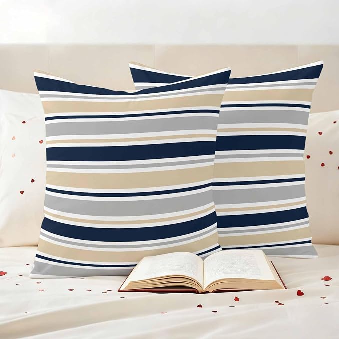 Beige Navy Blue Striped Outdoor Pillow Cover 24x24 Inch Cushion Sham Case, Farmhouse Stripes Modern Abstract Art Waterproof Decorative Square Throw Pillowcase for Outside Garden Patio Porch Couch