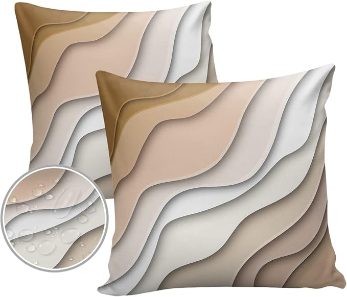 Ombre Abstract Geometry Gradient Geige and Grayish White Outdoor Waterproof Throw Pillow Covers 18 x 18 Inch Set of 2, Decorative Square Cushion Cases for Patio Furniture Couch Porch Garden
