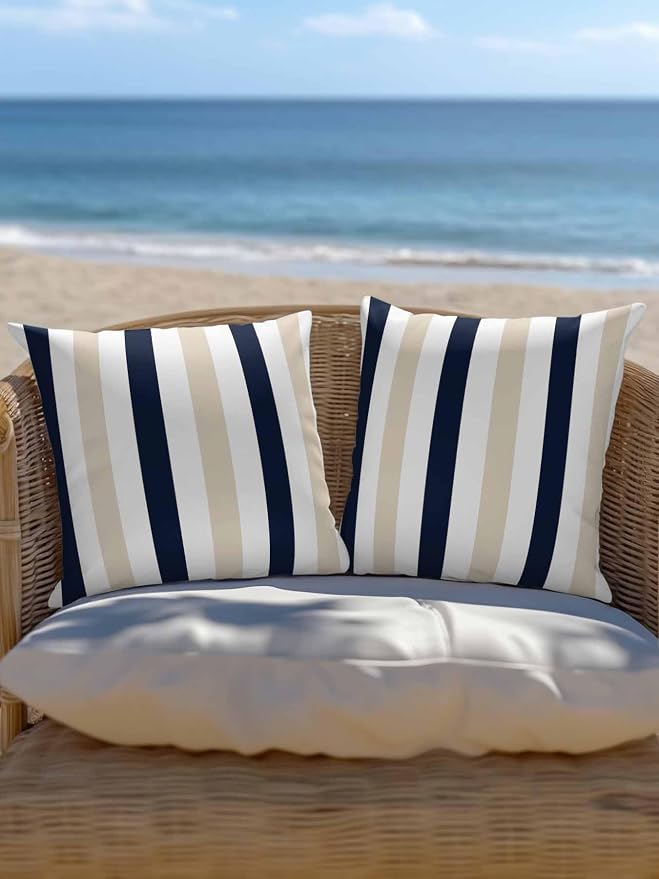 Outdoor Pillows Waterproof, Beige Navy Blue Striped Bedding Throw Pillows with Insert for Couch Sofa Bed, Farmhouse Stripe Art 18x18 Inch Pillowcases Decorative Camping Patio Pillow Set of 2