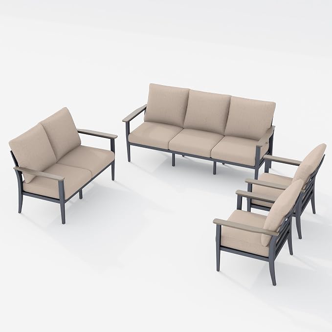 Aluminum Outdoor Patio Furniture Set 7-Seat, Patio Conversation Set Sectional Furniture Set with High Backrest & Thickened Cushions for Garden, Backyard, Poolside, Sand