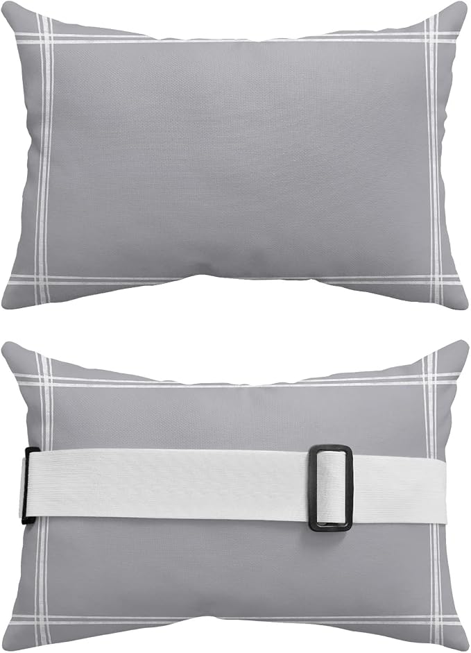 T&H XHome Outdoor Pillow for Chaise Lounge Chair, Solid Color Gray Waterproof Headrest Pillow Lumbar Pillows with Insert & Adjustable Elastic Strap for Beach, Poolside, Patio, Office (2 Pack)