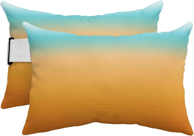 Outdoor Pillows Covers with Inserts Teal Turquoise Yellow Orange Ombre Stripe Gradient Waterproof Pillow with Adjustable Strap Throw Pillows for Patio Furniture Pool Lounge Chair, 11x16 Inch, 2PCS