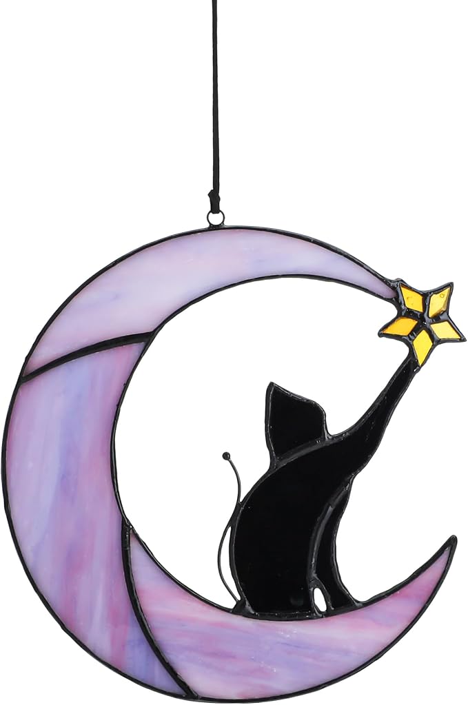 6.5'' Stained Glass Window Hanging Suncatcher-Black Cat on Purple Moon | Wall Art Glass Window Panel Sun Catcher,Halloween Decoration,Memorial Gift for Lover Cat Loss Women