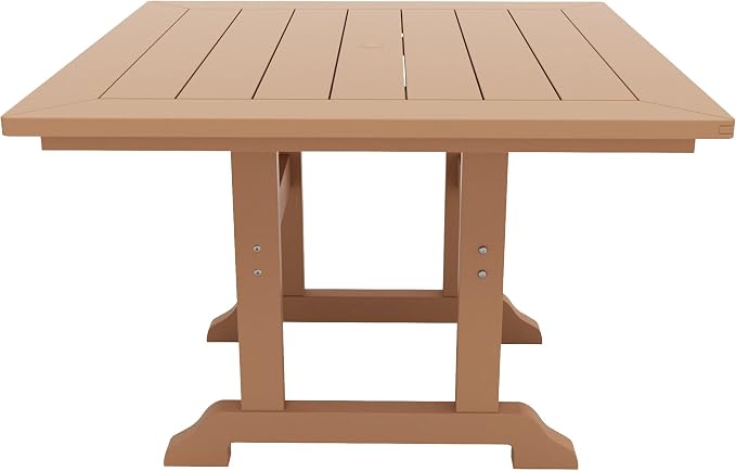 WestinTrends Malibu 5 Piece Adirondack Outdoor Dining Set, All Weather Poly Lumber Patio Table and Chairs Furniture Set, 43" Trestle Square Dining Table and 4 Adirondack Dining Chair, Teak