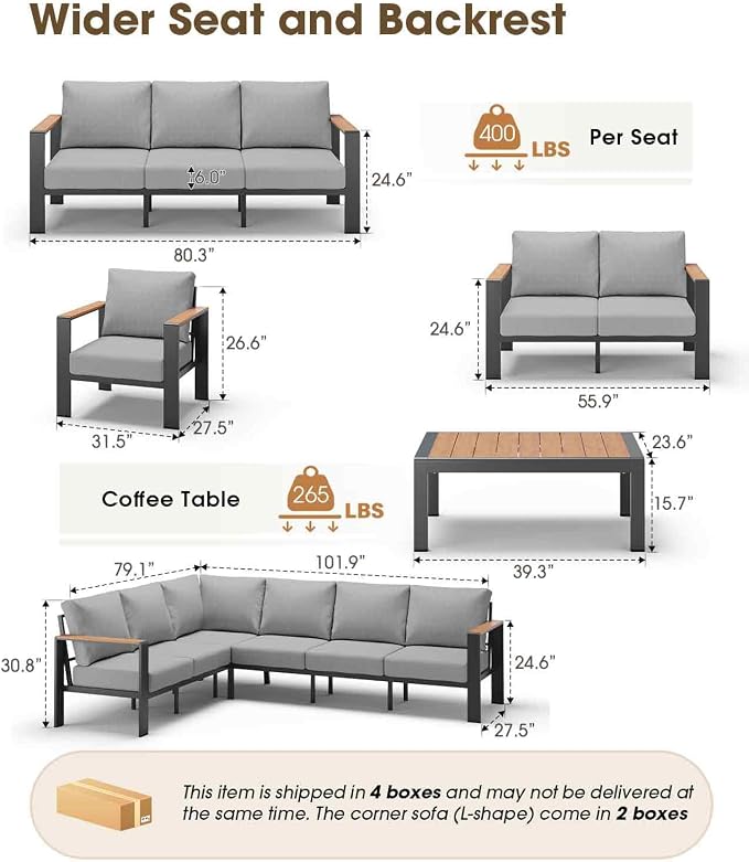 Aluminum Outdoor Patio Furniture Set 8 Seats, Outdoor Sectional Corner Sofa, Patio Conversation Sets with Coffee Table & Washable Thick Cushions, Outdoor Furniture for Backyard, Porch, Gray
