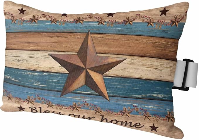 Western Texas Star Retro Outdoor Pillows for Chaise Lounge Chair Lumbar Pillows with Insert&Adjustable Strap Beach Headrest Pillow Country Farmhouse Dark Blue Brown Wooden Neck Pillow for Pool 12"x20"