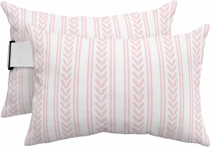 2PCS Outdoor Pillow for Chaise Lounge Chair Farmhouse Pink Leaves Texture Waterproof Headrest Cushion with Insert Modern Geometric Stripes Lumbar Pillow for Beach Patio Poolside Office,11x16in