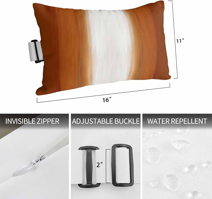 Outdoor Lumbar Pillow Set of 2, Burnt Orange Striped Waterproof Beach Headrest Pillow with Inserts, Orange Ombre Farmhouse Abstract Art Recliner Throw Pillows for Patio Furniture, 11 x 16