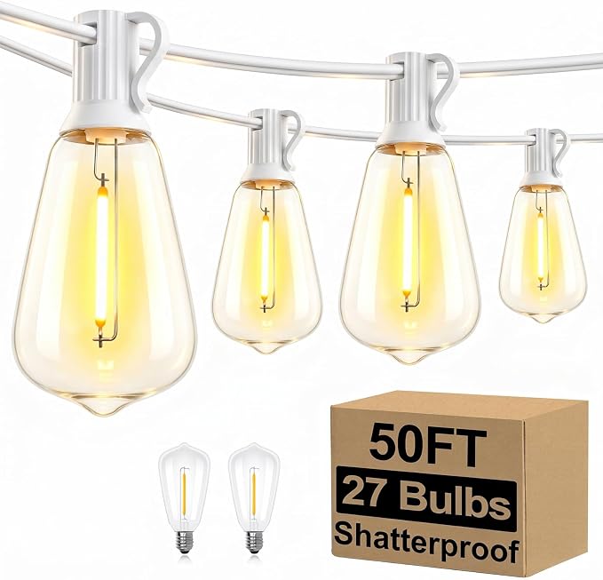 Brightever 50FT Outdoor String Lights Weatherproof, Patio Lights with 25+2 ST38 Edison Shatterproof Bulbs, Commercial Grade Warm White LED String Lights Decorative for Christmas, Wedding, Party, White