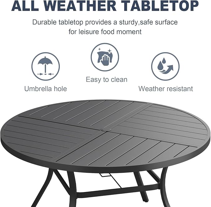 VICLLAX 7 Pieces Patio Outdoor Dining Set, 6 Swivel Textilene Chairs and 53" Round Metal Table with Umbrella Hole for Porch, Deck, Garden, Black/Dark Blue