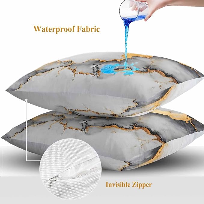 Abstract Marble Texture Outdoor Waterproof Throw Pillow Covers Set of 2, 20"x20", Grey White Gradient Gold Crack Art Decorative Pillow Covers Outside Cushion Case for Patio Porch Garden