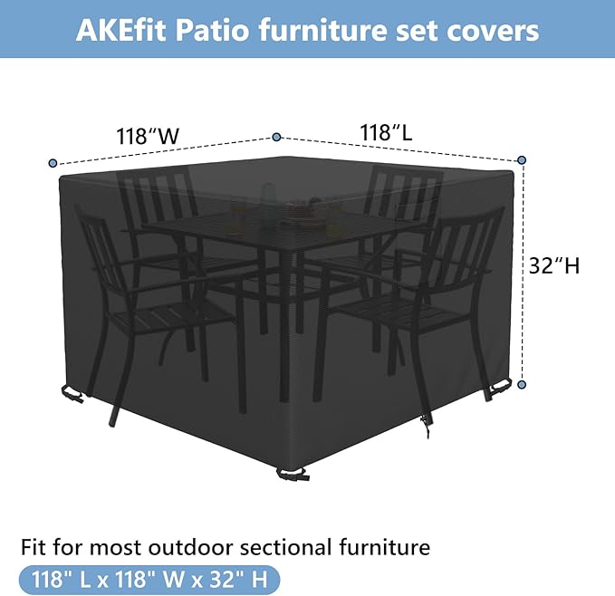 AKEfit Patio Furniture Covers,500D Heavy Duty Waterproof for Outdoor Square and Retangle Patio Table and Chair Covers, Black -118"L x 118"W x 32"H