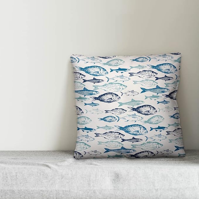 School of Blue Fish Indoor/Outdoor Pillow | Decorative Pillows for Living Room Couch Bed Sofa Patio, Fluffy Soft Cushion | Water Resistant Blue, 18x18