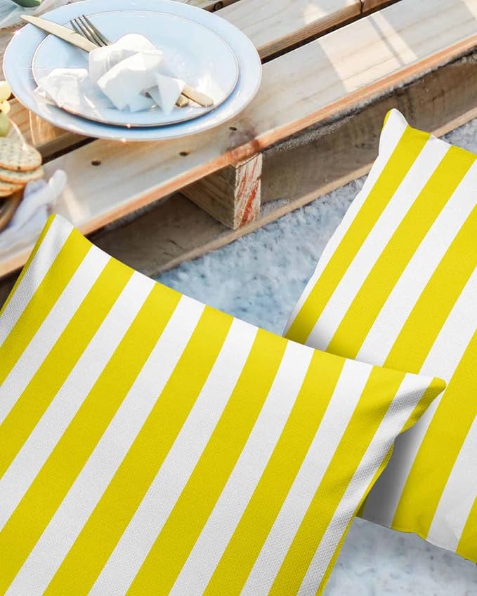 Outdoor Waterproof Throw Pillow Covers 24x24in, Striped Line Yellow Cushions for Garden Patio Furniture Chairs Set of 2, Geometric Texture Home Decor Couch Sofa Polyester Pillow Cases