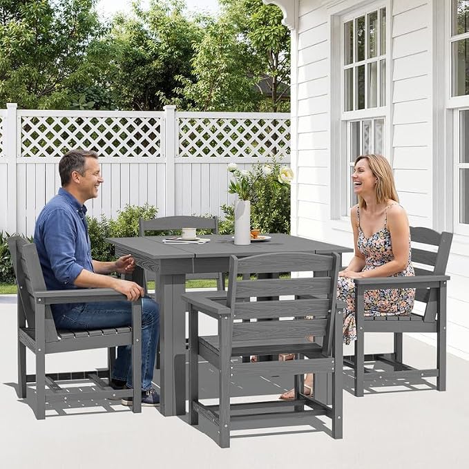 KINGYES 8-Piece HDPE Outdoor Dining Set for 6, Square Patio Table & Armchairs with Umbrella Hole, All-Weather Patio Dining Set for Backyard, Garden, Lawn & Poolside, Gray