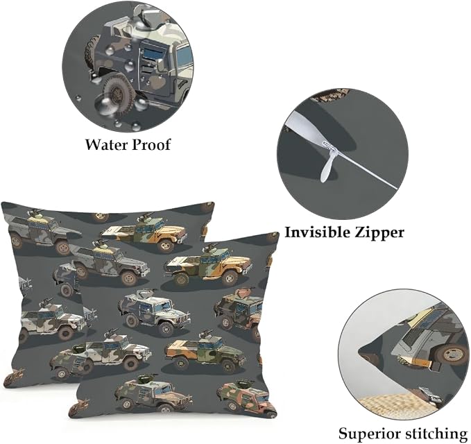 16x16 Inch Outdoor Pillow Covers Set of 2 Waterproof Throw Pillow Covers Decorative Couch Cushion Covers Army Vehicles Car Truck Square Pillowcases Protectors for Patio Garden Sofa