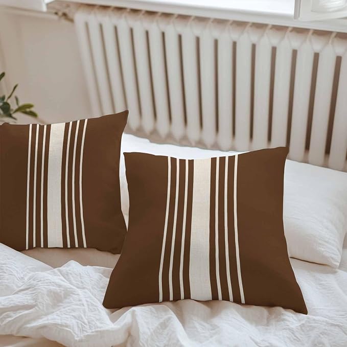 Vandarllin Outdoor Throw Pillows Covers 20x20 inch Set of 2 Waterproof Brown Vertical Stripes Decorative Zippered Cushion Covers for Patio Furniture, Classic Striped Linen Lumbar Pillowcases