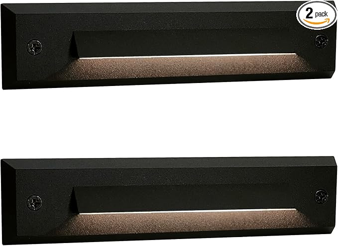 2-Pack Low Voltage 9-15V AC/DC LED Linear Step Lights, 2W Landscape Cutoff Stair Riser Light, Outdoor Waterproof Accent Lighting Fixtures, Die-cast Aluminum with Black Powder Coated Finish