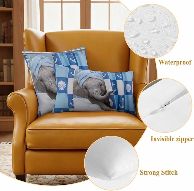 Bathing Elephant Waterproof Outdoor Pillow Covers Set of 2 Home Decor, Funny Animal Showering Pillowcase Patio Pillow Covers for Couch Bench Patio Furniture Garden 18x18in