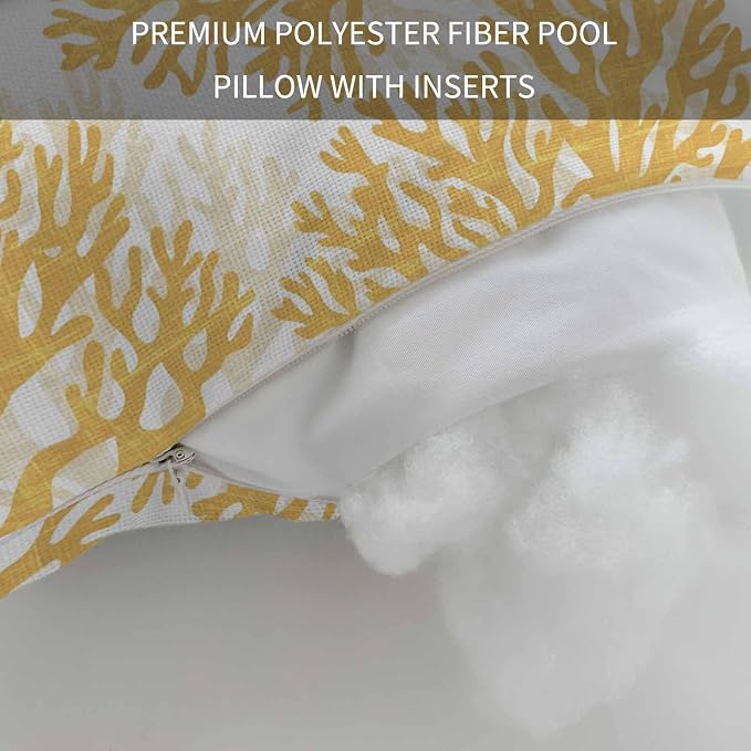 Outdoor Lumbar Pillow Set of 2, Yellow Coral Waterproof Beach Headrest Pillow with Inserts, Coastal Summer Ocean Nautical Sea Recliner Throw Pillows for Patio Furniture, 11 x 16