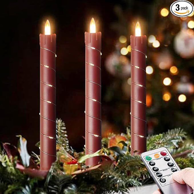 Flameless Cone-Shaped Candle, Patented with Starlight String, 11 Key Remote Control, Timer, Battery Powered, Patented Simulated Flame, 3 Packs, Christmas Home and Wedding Decoration (red)