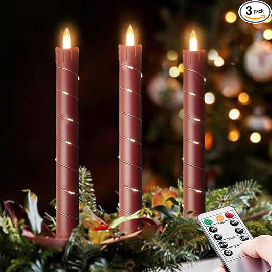 Flameless Cone-Shaped Candle, Patented with Starlight String, 11 Key Remote Control, Timer, Battery Powered, Patented Simulated Flame, 3 Packs, Christmas Home and Wedding Decoration (red)