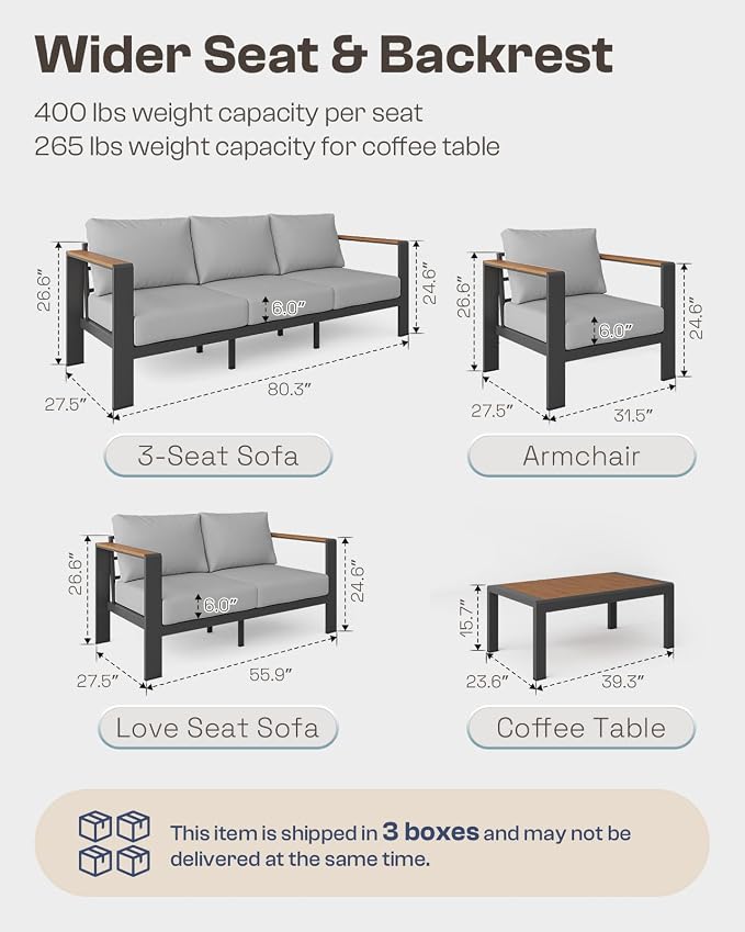 Aluminum Outdoor Patio Furniture, 3 Seats All-Weather Outdoor Patio Sofa with Washable Thick Cushion, Patio Sofa Couch for Porch, Balcony, Deck, Yard, Gray