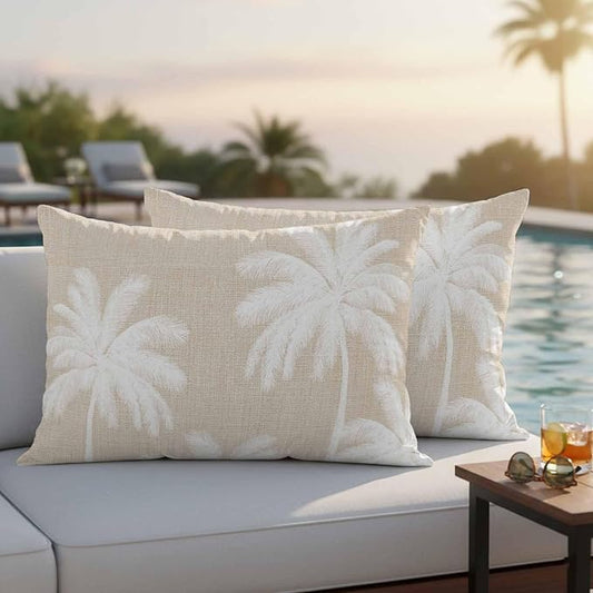 Lumbar Pillow Covers 20x12 Inch Set of 2, Beige Palm Trees Waterproof Outdoor Pillow Covers, Farmhouse Tropical Summer Beach Decorative Cushion Pillowcases for Couch, Sofa, Bed, Garden, Patio